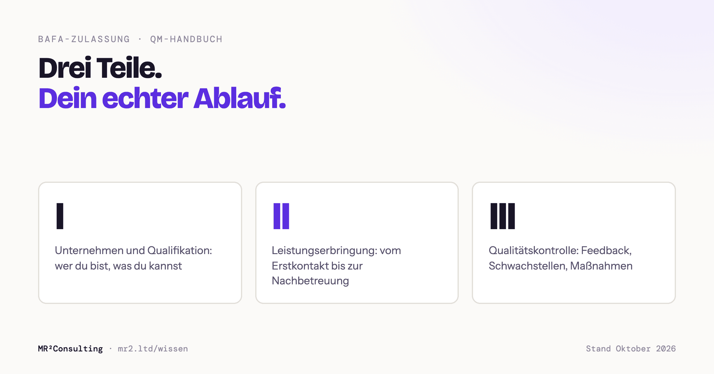 Aufbau eines QM-Handbuchs für die BAFA-Zulassung in drei Teilen. Unternehmen und Qualifikation, Leistungserbringung und Kundenkommunikation, Qualitätskontrolle mit Maßnahmenplanung.